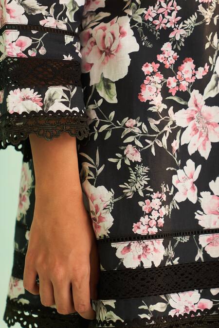 Shop_Shetab Kazmi_Black Cotton, Linen Lace, Cut Work Open Floral Print Kurta Set With Culottes _Online_at_Aza_Fashions