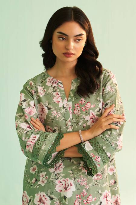 Buy Shetab Kazmi Green Cotton, Linen Lace, Embroidery Split Floral Print Kurta Set With Culottes Online at Aza Fashions Buy_Shetab Kazmi_Green Cotton, Linen Lace, Embroidery Split Floral Print Kurta Set With Culottes _Online_at_Aza_Fashions