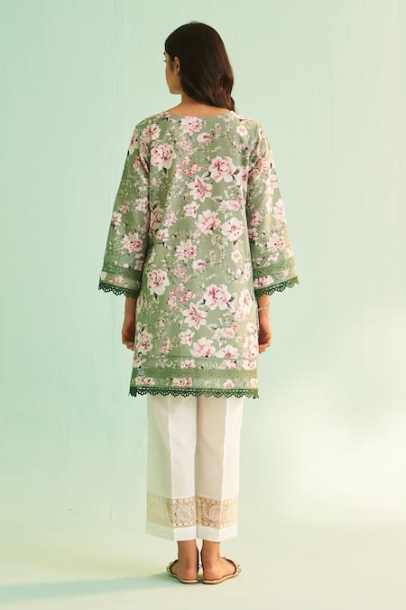Shop Shetab Kazmi Green Cotton, Linen Lace, Embroidery Split Floral Print Kurta Set With Culottes at Aza Fashions Shop_Shetab Kazmi_Green Cotton, Linen Lace, Embroidery Split Floral Print Kurta Set With Culottes _at_Aza_Fashions