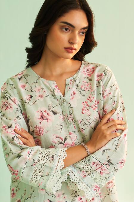 Shop Shetab Kazmi Green Cotton, Linen Embroidery, Lace Split V-neck Floral Vine Print Kurta Set Online at Aza Fashions Shop_Shetab Kazmi_Green Cotton, Linen Embroidery, Lace Split V-neck Floral Vine Print Kurta Set _Online_at_Aza_Fashions