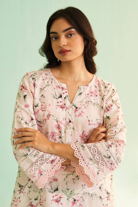 Buy Shetab Kazmi Pink Cotton, Linen Embroidery, Cut Work Split V-neck Floral Kurta Set Online at Aza Fashions Buy_Shetab Kazmi_Pink Cotton, Linen Embroidery, Cut Work Split V-neck Floral Kurta Set _Online_at_Aza_Fashions