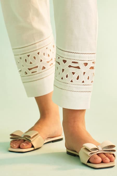 Shetab Kazmi_White Cotton, Linen Lace Split V-neck Floral Printed Kurta Set With Salwar _Online_at_Aza_Fashions