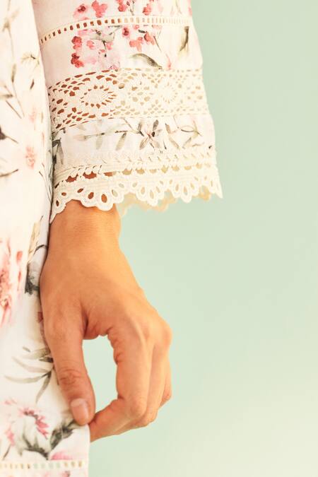 Buy_Shetab Kazmi_White Cotton, Linen Lace Split V-neck Floral Printed Kurta Set With Salwar _Online_at_Aza_Fashions