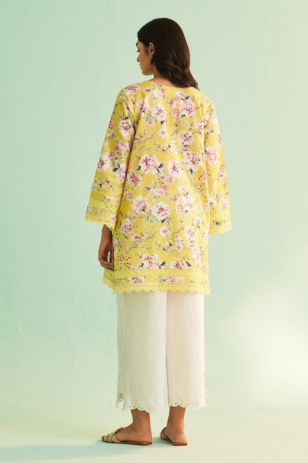 Shop Shetab Kazmi Yellow Cotton, Linen Lace, Embroidery, Cut Floral Print Kurta Set With Culottes at Aza Fashions Shop_Shetab Kazmi_Yellow Cotton, Linen Lace, Embroidery, Cut Floral Print Kurta Set With Culottes _at_Aza_Fashions
