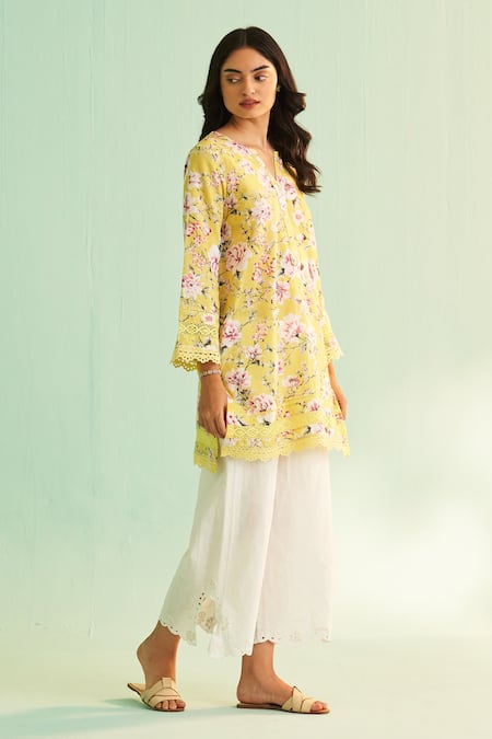 Buy Shetab Kazmi Yellow Cotton, Linen Lace, Embroidery, Cut Floral Print Kurta Set With Culottes Online at Aza Fashions Buy_Shetab Kazmi_Yellow Cotton, Linen Lace, Embroidery, Cut Floral Print Kurta Set With Culottes _Online_at_Aza_Fashions