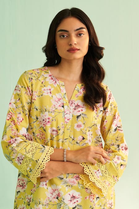 Shop Shetab Kazmi Yellow Cotton, Linen Lace, Embroidery, Cut Floral Print Kurta Set With Culottes Online at Aza Fashions Shop_Shetab Kazmi_Yellow Cotton, Linen Lace, Embroidery, Cut Floral Print Kurta Set With Culottes _Online_at_Aza_Fashions