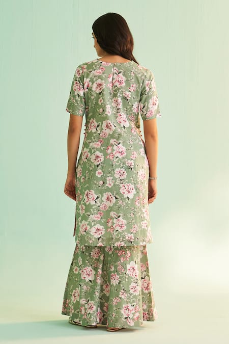 Shop_Shetab Kazmi_Green Cotton, Linen Sequins, Beads V-neck Floral Print Kurta Sharara Set _at_Aza_Fashions