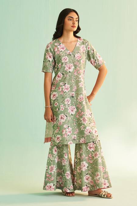 Shetab Kazmi_Green Cotton, Linen Sequins, Beads V-neck Floral Print Kurta Sharara Set _Online_at_Aza_Fashions