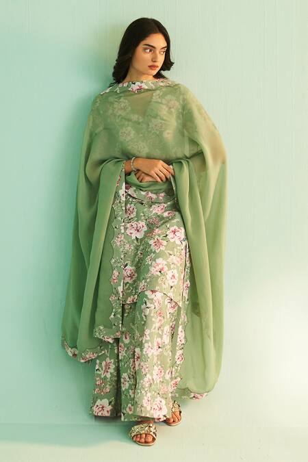 Buy_Shetab Kazmi_Green Cotton, Linen Sequins, Beads V-neck Floral Print Kurta Sharara Set _Online_at_Aza_Fashions