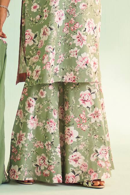 Shop_Shetab Kazmi_Green Cotton, Linen Sequins, Beads V-neck Floral Print Kurta Sharara Set _Online_at_Aza_Fashions