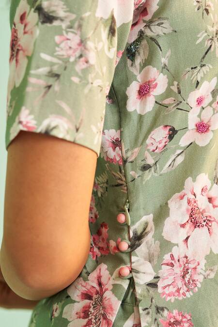 Shetab Kazmi_Green Cotton, Linen Sequins, Beads V-neck Floral Print Kurta Sharara Set _at_Aza_Fashions