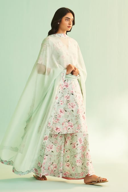 Shetab Kazmi Green Cotton, Linen Embroidery, Sequins, Beads Floral Print Kurta And Sharara Set Online at Aza Fashions Shetab Kazmi_Green Cotton, Linen Embroidery, Sequins, Beads Floral Print Kurta And Sharara Set _Online_at_Aza_Fashions