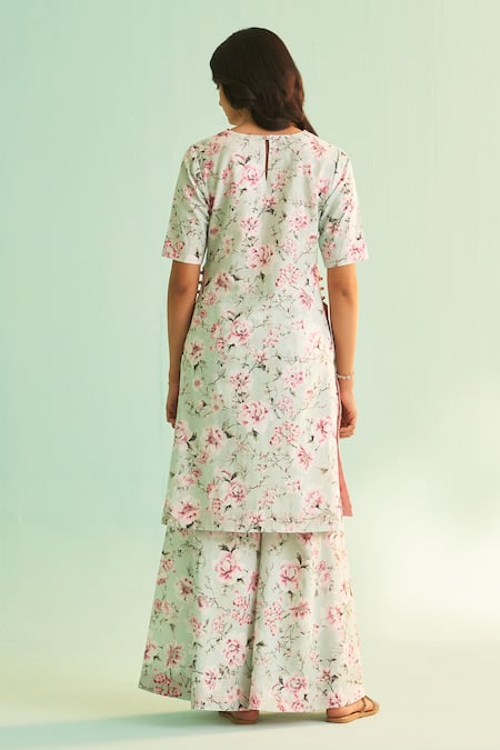 Shop Shetab Kazmi Green Cotton, Linen Embroidery, Sequins, Beads Floral Print Kurta And Sharara Set at Aza Fashions Shop_Shetab Kazmi_Green Cotton, Linen Embroidery, Sequins, Beads Floral Print Kurta And Sharara Set _at_Aza_Fashions