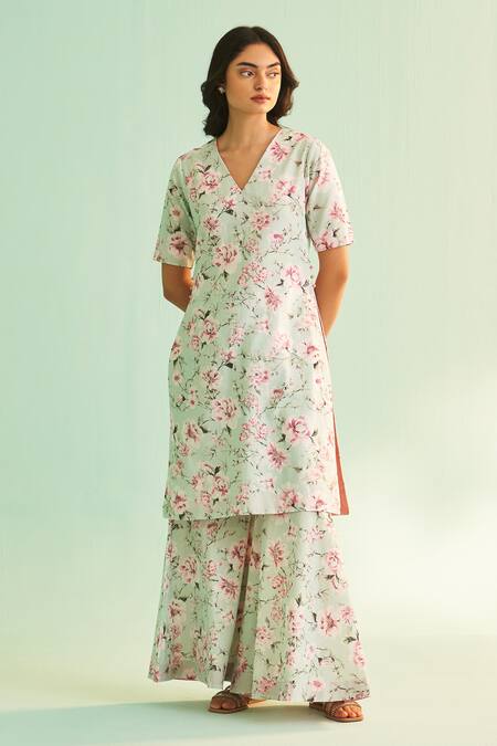 Buy Shetab Kazmi Green Cotton, Linen Embroidery, Sequins, Beads Floral Print Kurta And Sharara Set Online at Aza Fashions Buy_Shetab Kazmi_Green Cotton, Linen Embroidery, Sequins, Beads Floral Print Kurta And Sharara Set _Online_at_Aza_Fashions
