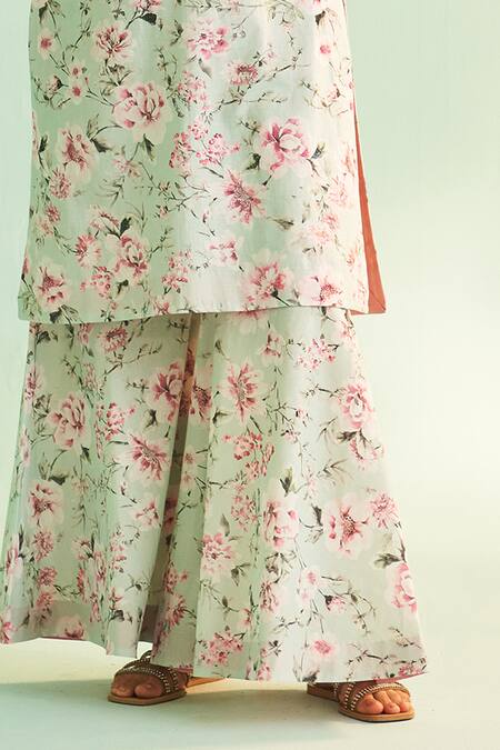 Shop Shetab Kazmi Green Cotton, Linen Embroidery, Sequins, Beads Floral Print Kurta And Sharara Set Online at Aza Fashions Shop_Shetab Kazmi_Green Cotton, Linen Embroidery, Sequins, Beads Floral Print Kurta And Sharara Set _Online_at_Aza_Fashions