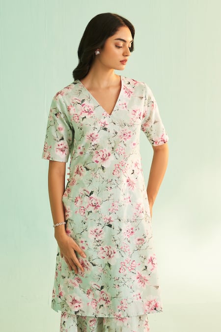 Shetab Kazmi Green Cotton, Linen Embroidery, Sequins, Beads Floral Print Kurta And Sharara Set at Aza Fashions Shetab Kazmi_Green Cotton, Linen Embroidery, Sequins, Beads Floral Print Kurta And Sharara Set _at_Aza_Fashions