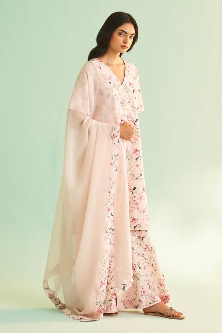 Shetab Kazmi_Pink Cotton, Linen Sequins, Beads V-neck Flower Print Kurta Sharara Set _Online_at_Aza_Fashions