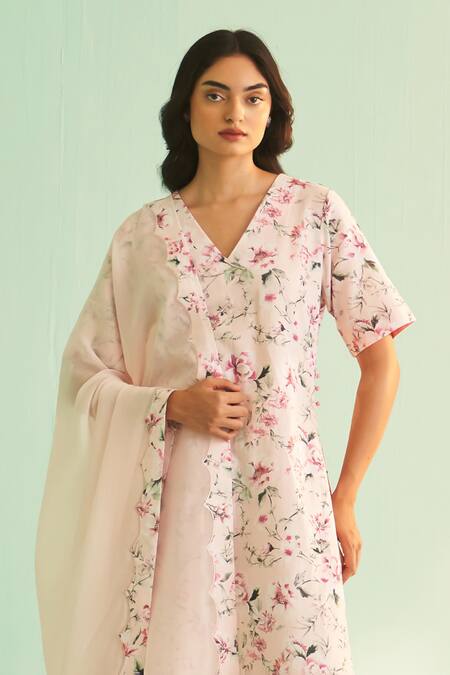 Buy_Shetab Kazmi_Pink Cotton, Linen Sequins, Beads V-neck Flower Print Kurta Sharara Set _Online_at_Aza_Fashions