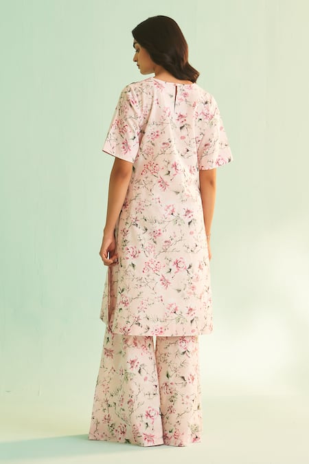 Shop_Shetab Kazmi_Pink Cotton, Linen Sequins, Beads V-neck Flower Print Kurta Sharara Set _at_Aza_Fashions