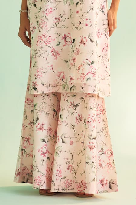 Shop_Shetab Kazmi_Pink Cotton, Linen Sequins, Beads V-neck Flower Print Kurta Sharara Set _Online_at_Aza_Fashions