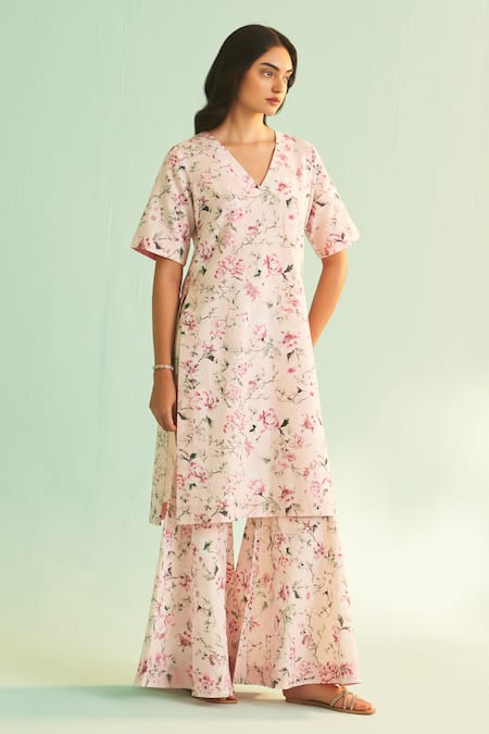 Shetab Kazmi_Pink Cotton, Linen Sequins, Beads V-neck Flower Print Kurta Sharara Set _at_Aza_Fashions
