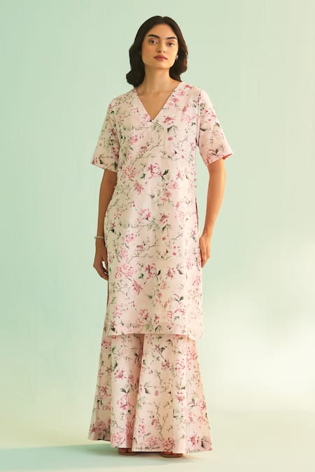 Buy_Shetab Kazmi_Pink Cotton, Linen Sequins, Beads V-neck Flower Print Kurta Sharara Set 