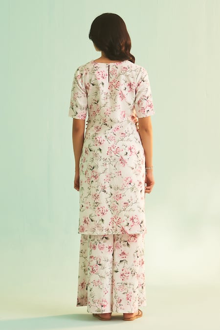 Shop Shetab Kazmi White Cotton, Linen Sequins, Beads V-neck Floral Bloom Print Kurta Sharara Set at Aza Fashions Shop_Shetab Kazmi_White Cotton, Linen Sequins, Beads V-neck Floral Bloom Print Kurta Sharara Set _at_Aza_Fashions