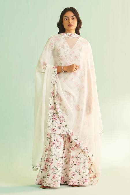 Shetab Kazmi White Cotton, Linen Sequins, Beads V-neck Floral Bloom Print Kurta Sharara Set Online at Aza Fashions Shetab Kazmi_White Cotton, Linen Sequins, Beads V-neck Floral Bloom Print Kurta Sharara Set _Online_at_Aza_Fashions