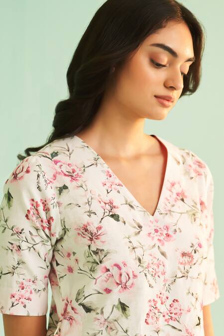 Buy Shetab Kazmi White Cotton, Linen Sequins, Beads V-neck Floral Bloom Print Kurta Sharara Set Online at Aza Fashions Buy_Shetab Kazmi_White Cotton, Linen Sequins, Beads V-neck Floral Bloom Print Kurta Sharara Set _Online_at_Aza_Fashions