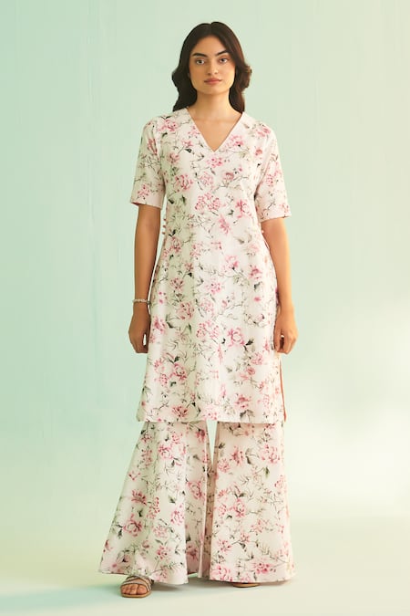 Shop Shetab Kazmi White Cotton, Linen Sequins, Beads V-neck Floral Bloom Print Kurta Sharara Set Online at Aza Fashions Shop_Shetab Kazmi_White Cotton, Linen Sequins, Beads V-neck Floral Bloom Print Kurta Sharara Set _Online_at_Aza_Fashions