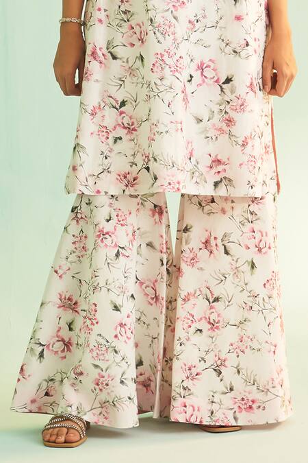 Shetab Kazmi White Cotton, Linen Sequins, Beads V-neck Floral Bloom Print Kurta Sharara Set at Aza Fashions Shetab Kazmi_White Cotton, Linen Sequins, Beads V-neck Floral Bloom Print Kurta Sharara Set _at_Aza_Fashions