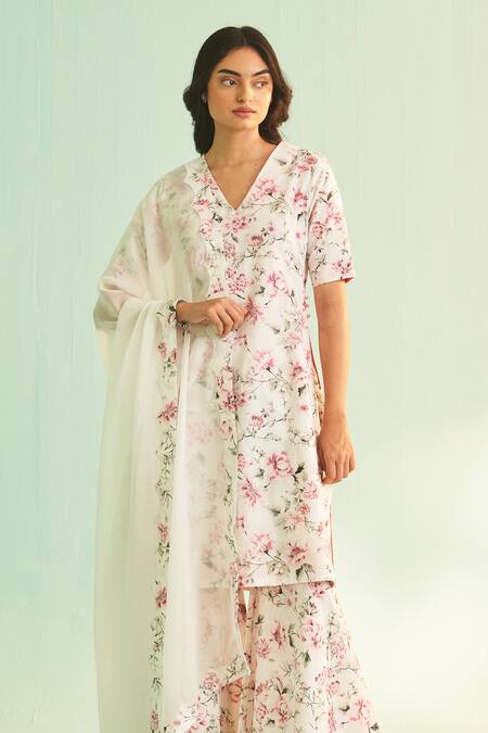 Buy Shetab Kazmi White Cotton, Linen Sequins, Beads V-neck Floral Bloom Print Kurta Sharara Set Buy_Shetab Kazmi_White Cotton, Linen Sequins, Beads V-neck Floral Bloom Print Kurta Sharara Set