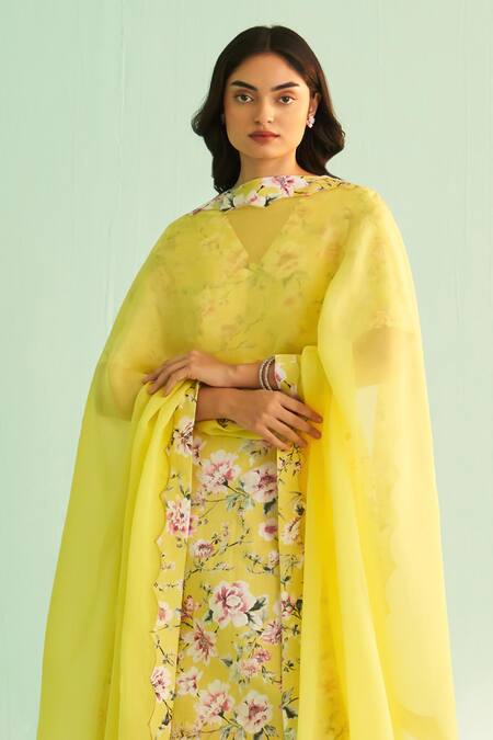 Shetab Kazmi Yellow Cotton, Linen, Chiffon Sequins, Floral Bloom Print Kurta Sharara Set Online at Aza Fashions Shetab Kazmi_Yellow Cotton, Linen, Chiffon Sequins, Floral Bloom Print Kurta Sharara Set _Online_at_Aza_Fashions