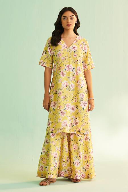 Buy Shetab Kazmi Yellow Cotton, Linen, Chiffon Sequins, Floral Bloom Print Kurta Sharara Set Online at Aza Fashions Buy_Shetab Kazmi_Yellow Cotton, Linen, Chiffon Sequins, Floral Bloom Print Kurta Sharara Set _Online_at_Aza_Fashions