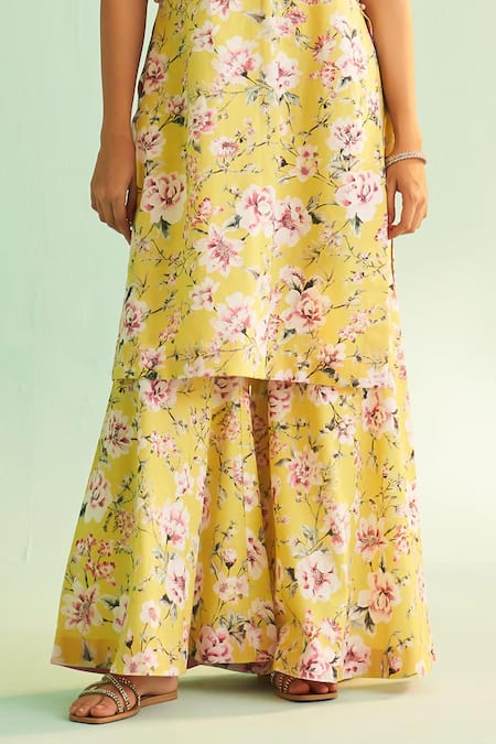 Shop Shetab Kazmi Yellow Cotton, Linen, Chiffon Sequins, Floral Bloom Print Kurta Sharara Set Online at Aza Fashions Shop_Shetab Kazmi_Yellow Cotton, Linen, Chiffon Sequins, Floral Bloom Print Kurta Sharara Set _Online_at_Aza_Fashions
