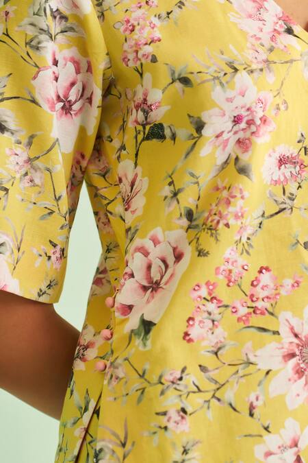 Shetab Kazmi Yellow Cotton, Linen, Chiffon Sequins, Floral Bloom Print Kurta Sharara Set at Aza Fashions Shetab Kazmi_Yellow Cotton, Linen, Chiffon Sequins, Floral Bloom Print Kurta Sharara Set _at_Aza_Fashions