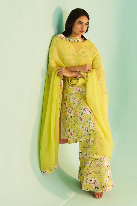 Buy Shetab Kazmi Yellow Cotton, Linen, Chiffon Sequins, Floral Bloom Print Kurta Sharara Set Buy_Shetab Kazmi_Yellow Cotton, Linen, Chiffon Sequins, Floral Bloom Print Kurta Sharara Set