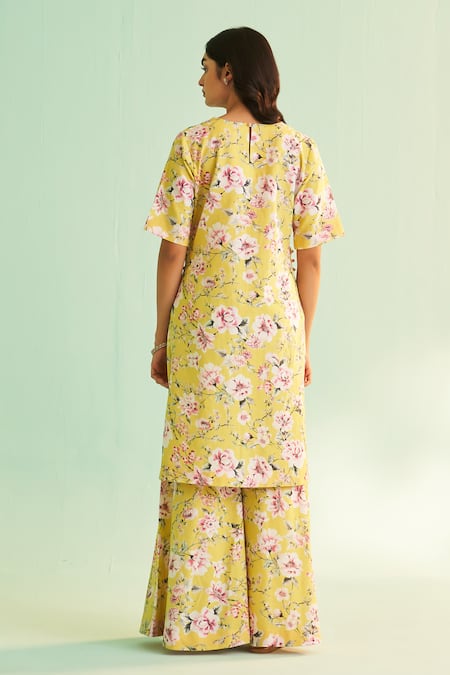 Shop Shetab Kazmi Yellow Cotton, Linen, Chiffon Sequins, Floral Bloom Print Kurta Sharara Set at Aza Fashions Shop_Shetab Kazmi_Yellow Cotton, Linen, Chiffon Sequins, Floral Bloom Print Kurta Sharara Set _at_Aza_Fashions