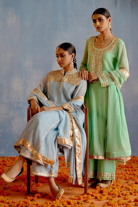 Shetab Kazmi Blue Chanderi, Cotton Embroidery, Gota Patti Mukaish Embellished Kurta Set Online at Aza Fashions Shetab Kazmi_Blue Chanderi, Cotton Embroidery, Gota Patti Mukaish Embellished Kurta Set _Online_at_Aza_Fashions