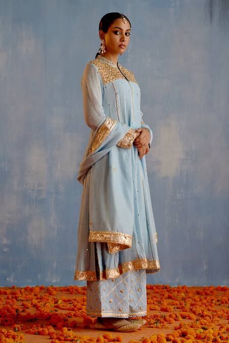 Buy Shetab Kazmi Blue Chanderi, Cotton Embroidery, Gota Patti Mukaish Embellished Kurta Set Online at Aza Fashions Buy_Shetab Kazmi_Blue Chanderi, Cotton Embroidery, Gota Patti Mukaish Embellished Kurta Set _Online_at_Aza_Fashions