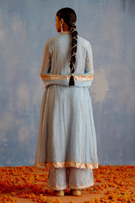 Shop Shetab Kazmi Blue Chanderi, Cotton Embroidery, Gota Patti Mukaish Embellished Kurta Set at Aza Fashions Shop_Shetab Kazmi_Blue Chanderi, Cotton Embroidery, Gota Patti Mukaish Embellished Kurta Set _at_Aza_Fashions