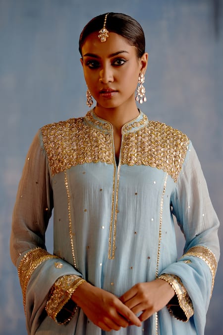 Shop Shetab Kazmi Blue Chanderi, Cotton Embroidery, Gota Patti Mukaish Embellished Kurta Set Online at Aza Fashions Shop_Shetab Kazmi_Blue Chanderi, Cotton Embroidery, Gota Patti Mukaish Embellished Kurta Set _Online_at_Aza_Fashions