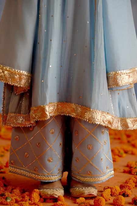 Shetab Kazmi Blue Chanderi, Cotton Embroidery, Gota Patti Mukaish Embellished Kurta Set at Aza Fashions Shetab Kazmi_Blue Chanderi, Cotton Embroidery, Gota Patti Mukaish Embellished Kurta Set _at_Aza_Fashions