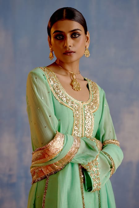 Shetab Kazmi_Green Chanderi, Cotton Mirrors, Embroidery Round Gota Embellished Anarkali Set _Online_at_Aza_Fashions