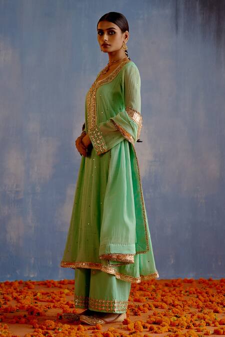 Buy_Shetab Kazmi_Green Chanderi, Cotton Mirrors, Embroidery Round Gota Embellished Anarkali Set _Online_at_Aza_Fashions