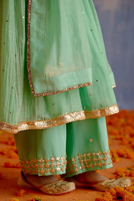 Shop_Shetab Kazmi_Green Chanderi, Cotton Mirrors, Embroidery Round Gota Embellished Anarkali Set _Online_at_Aza_Fashions