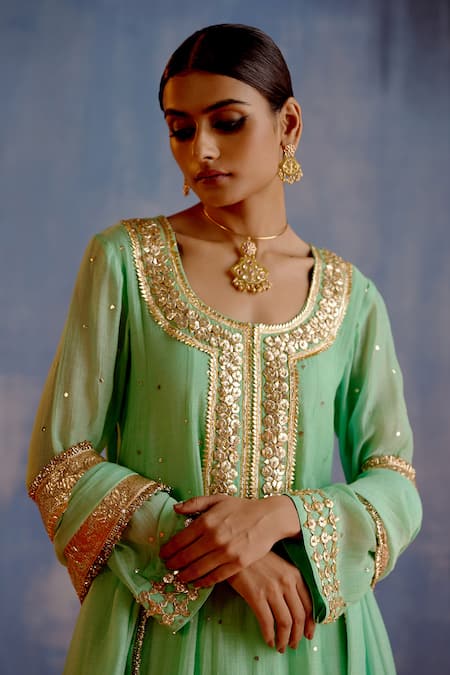 Shetab Kazmi_Green Chanderi, Cotton Mirrors, Embroidery Round Gota Embellished Anarkali Set _at_Aza_Fashions