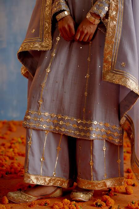 Shop_Shetab Kazmi_Gray Chanderi, Cotton Mirrors Split V-neck Mukaish Embroidered Kurta Set _Online_at_Aza_Fashions