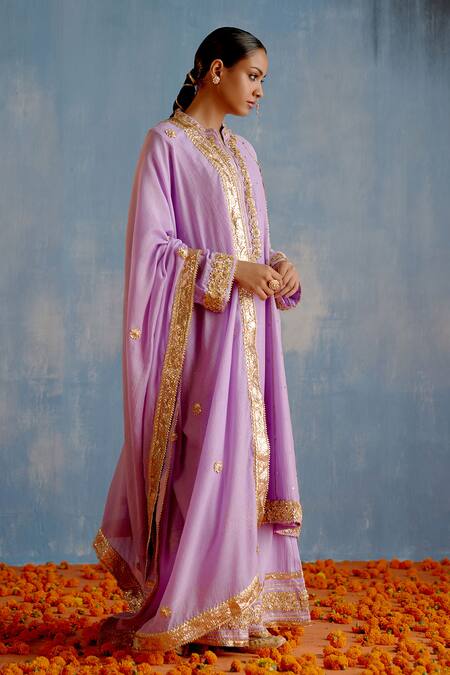 Shetab Kazmi_Purple Chanderi, Cotton Embroidery, Mirrors, Gota Patti Mukaish Anarkali Set _Online_at_Aza_Fashions