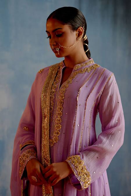 Buy_Shetab Kazmi_Purple Chanderi, Cotton Embroidery, Mirrors, Gota Patti Mukaish Anarkali Set _Online_at_Aza_Fashions